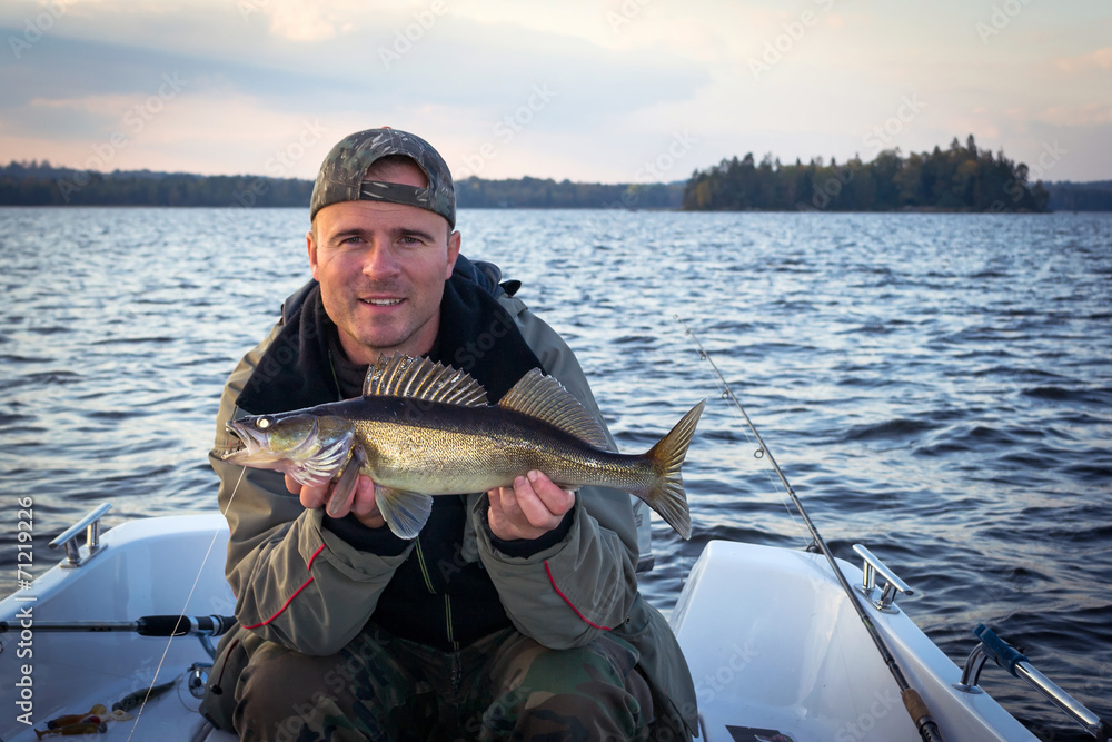 Happy angler with autumn walleye fish Happy angler with autumn walleye fish