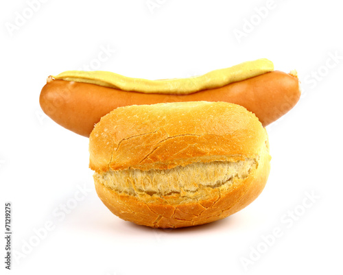 German sausage with bun and mustard