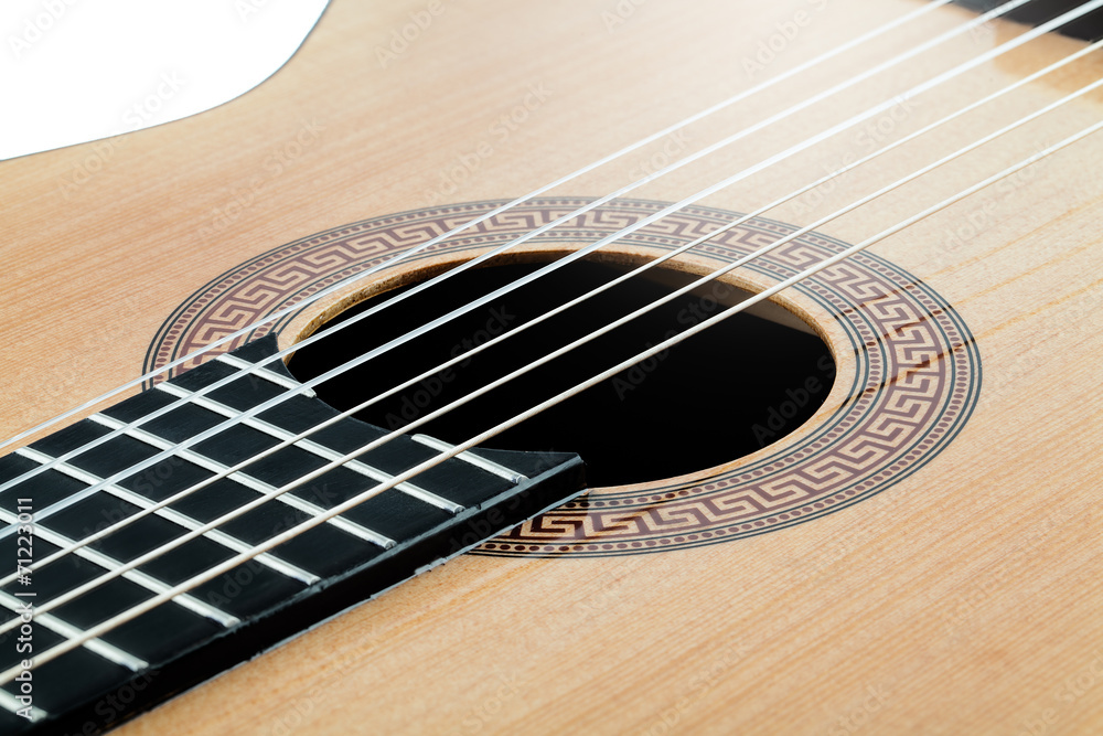 Acoustic guitar with an antique ornament and light wood closeup Acoustic guitar with an antique ornament and light wood closeup