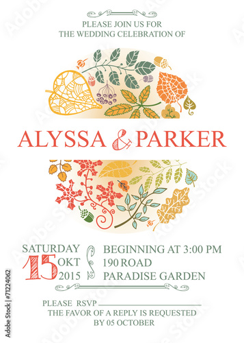 Vintage wedding  invitation with leaves