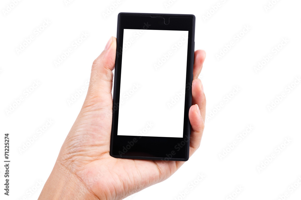 Woman holding smart phone isolated on white Woman holding smart phone isolated on white