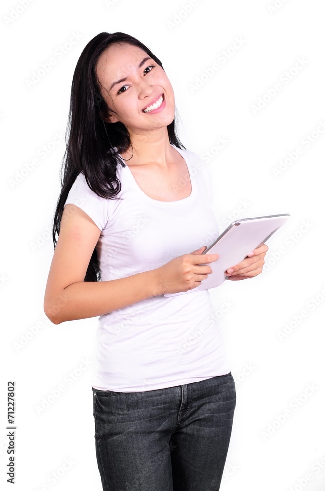 Asian women student with computer tablet isolated Asian women student with computer tablet isolated