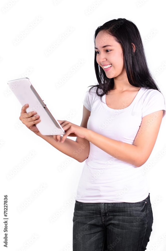 Asian women student with computer tablet isolated Asian women student with computer tablet isolated