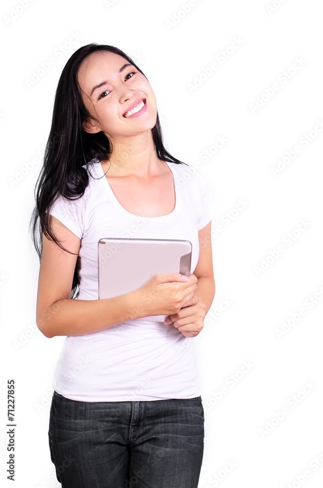 Asian women student with computer tablet isolated Asian women student with computer tablet isolated