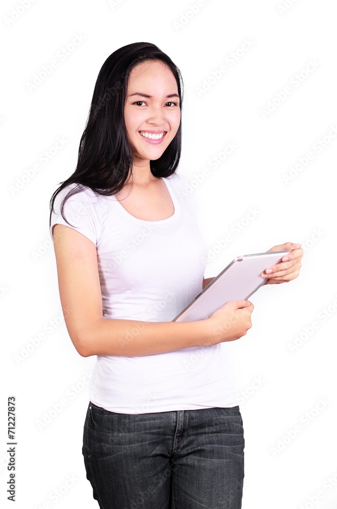 Asian women student with computer tablet isolated Asian women student with computer tablet isolated