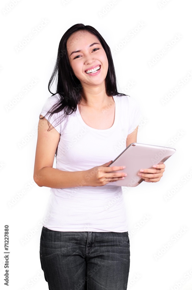 Asian women student with computer tablet isolated Asian women student with computer tablet isolated