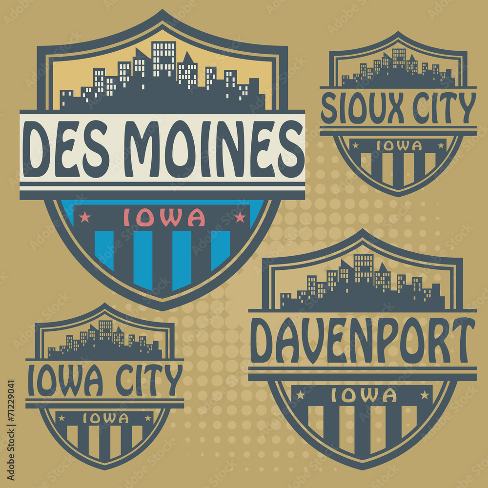 Label set with names of Iowa cities, vector Label set with names of Iowa cities, vector
