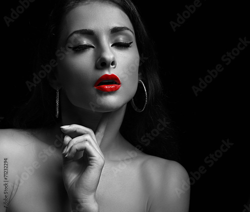 Black and white portrait of sexy young woman with red lips