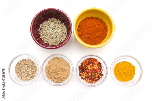 Spices in bowls seen from above on white background