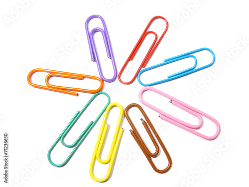 Aligned colorful paperclips isolated in white