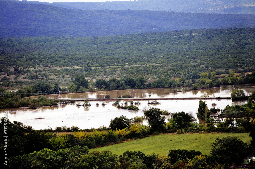 Country landscape flooded after heavy rains