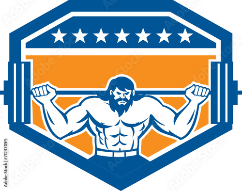 Bodybuilder Lifting Barbell Shield Retro