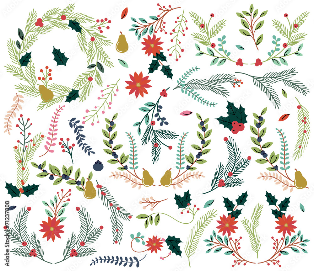 Vector Collection of Vintage Style Hand Drawn Christmas Holiday  - obrazy, fototapety, plakaty 