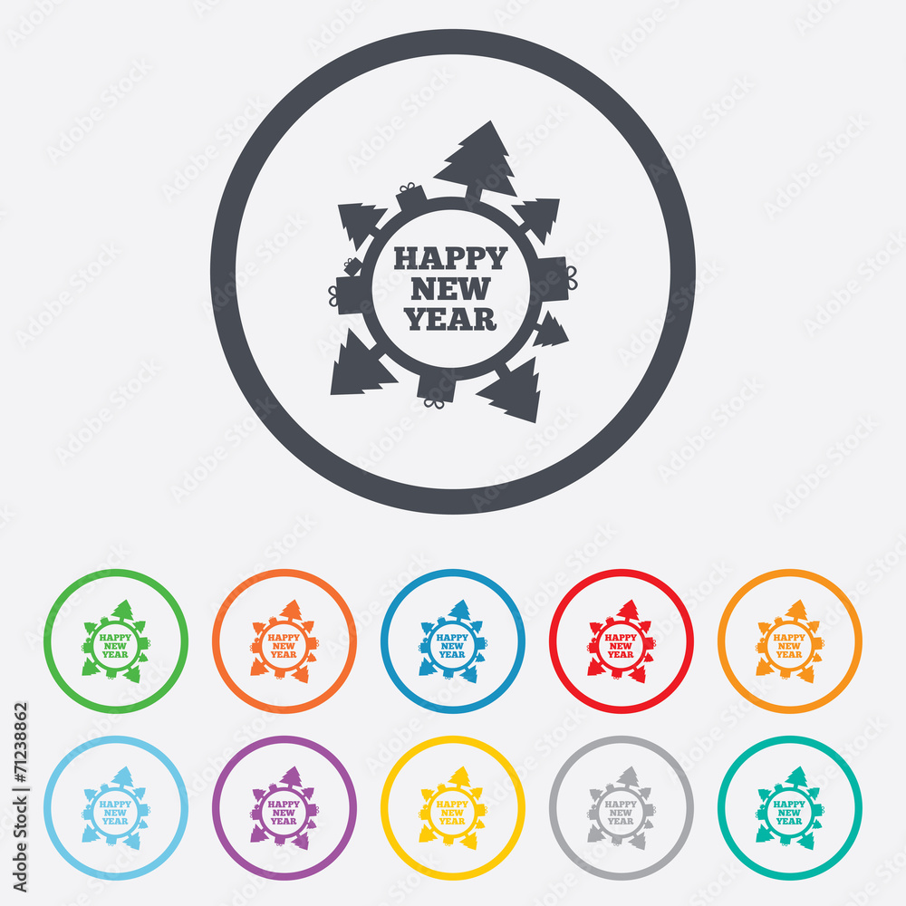 Obraz premium Happy new year globe sign icon. Gifts and trees.