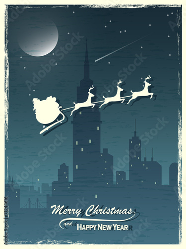 Vintage Christmas card. Santa Claus with his reindeer