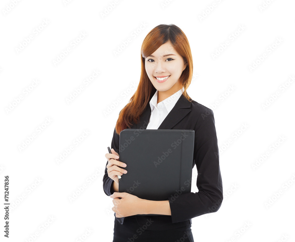 smiling businesswoman holding folder isolated on white smiling businesswoman holding folder isolated on white