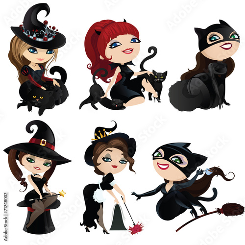 Set of charming witches and cats
