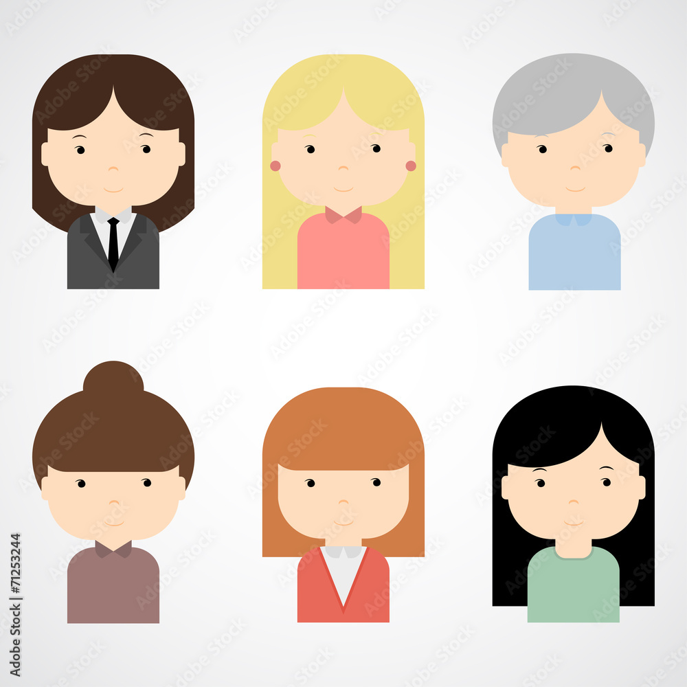 Set of colorful female faces icons. Trendy flat style. Funny Set of colorful female faces icons. Trendy flat style. Funny