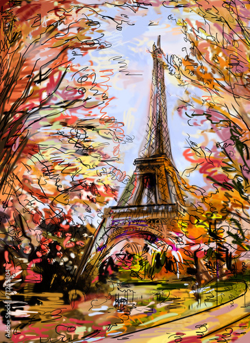 Street in autumn Paris. Eiffel tower -sketch illustration #71255804