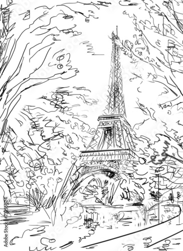 Fototapeta Naklejka Na Ścianę i Meble -  Street in autumn Paris. Eiffel tower -sketch illustration