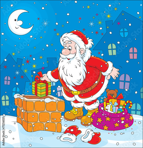 Santa Claus putting gifts into a chimney