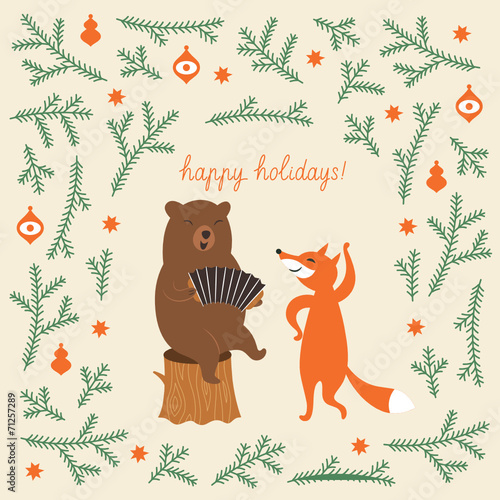 Greeting Christmas card, a bear and a cute fox