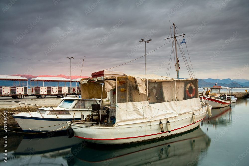 Boats mooring in Nafplio, Peloponnese, Greece.