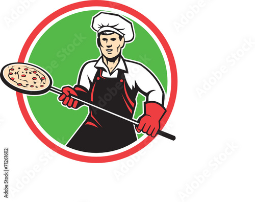 Pizza Maker Holding Peel Circle Retro