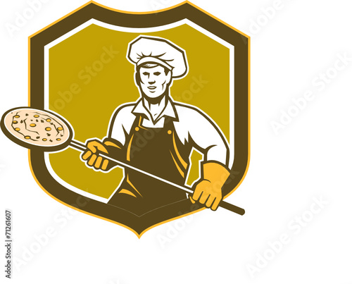 Pizza Maker Holding Peel Shield Retro