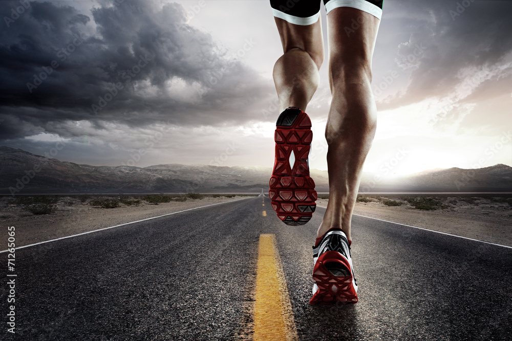 Photo & Art Print Sports background. Runner feet running on road closeup on  shoe.
