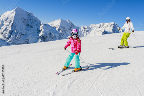 Ski, skiers on ski run