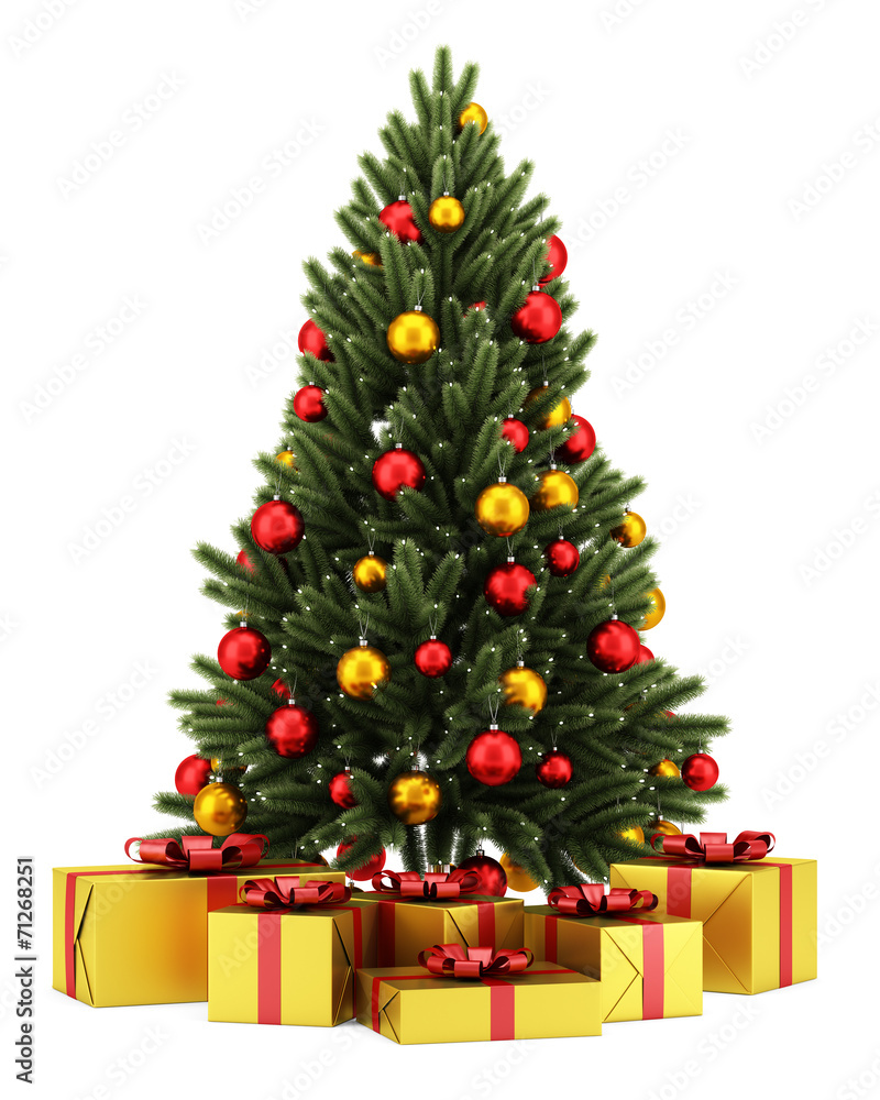 decorated christmas tree with gift boxes isolated on white backg - obrazy, fototapety, plakaty 