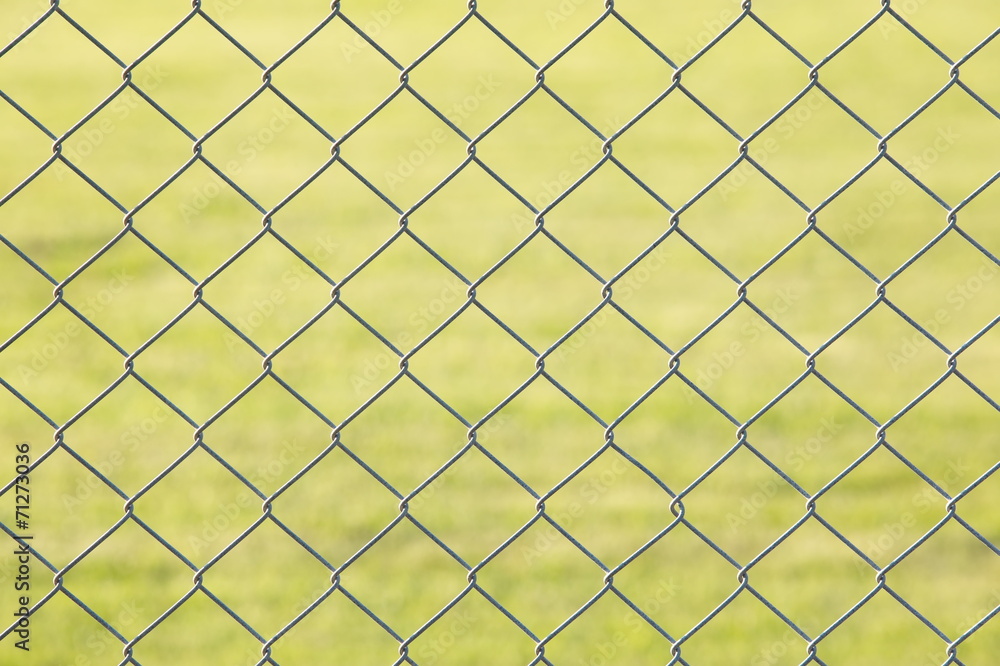 Naklejka premium Metal mesh fence and green grass at background
