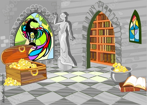 Treasure house with the statue and stained-glass window