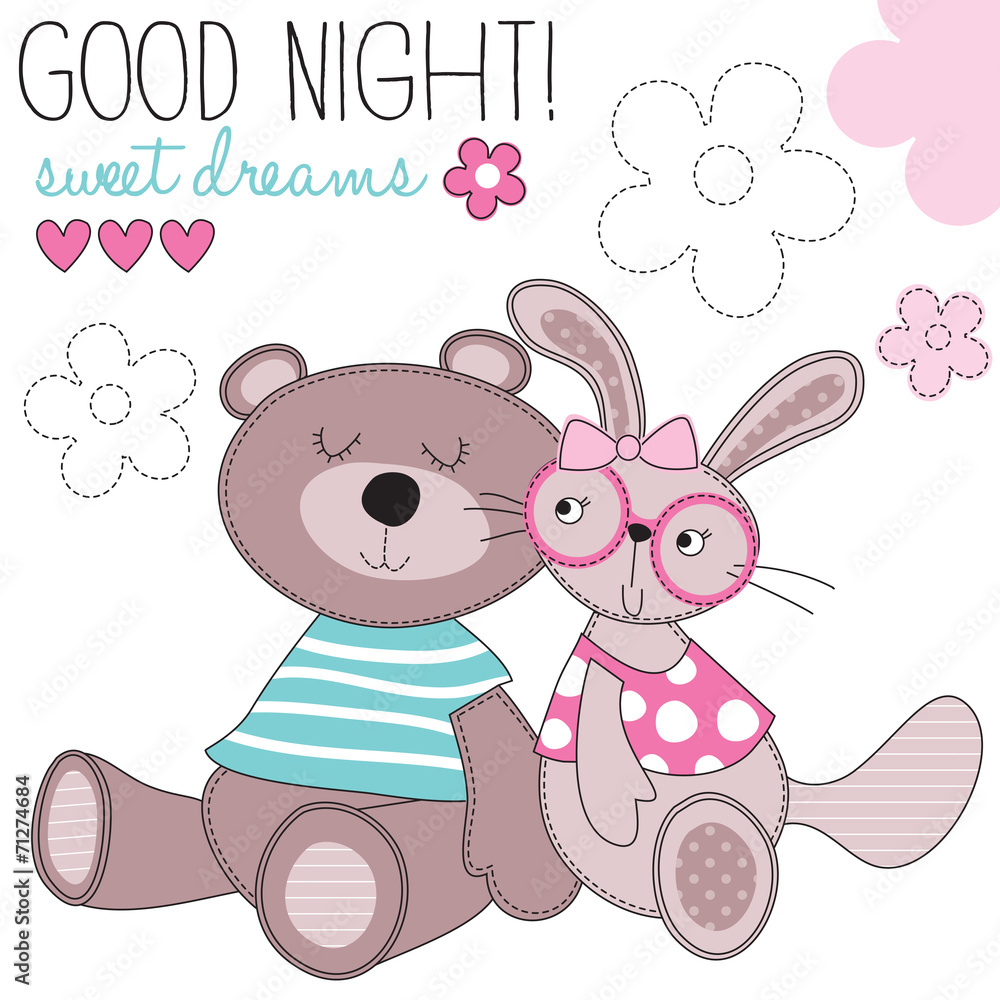 Naklejka premium sweet dreams bunny and bear vector illustration