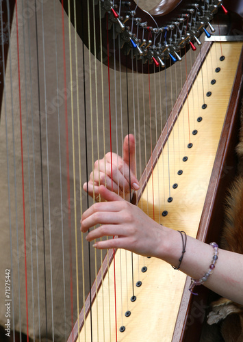 Quadro su tela hands of woman strumming the strings of an ancient harp