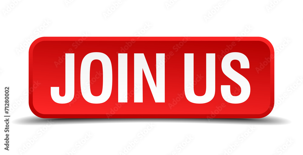 Join us red 3d square button isolated on white Join us red 3d square button isolated on white