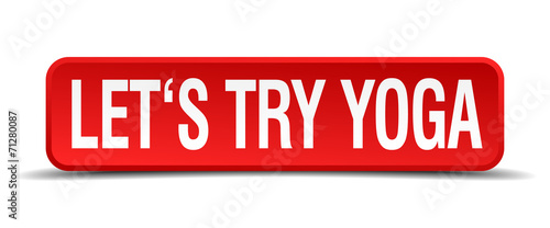 lets try yoga red 3d square button isolated on white