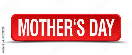 mothers day red 3d square button isolated on white