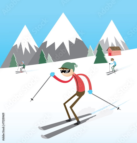 Skiing-skiers slide from the mountain