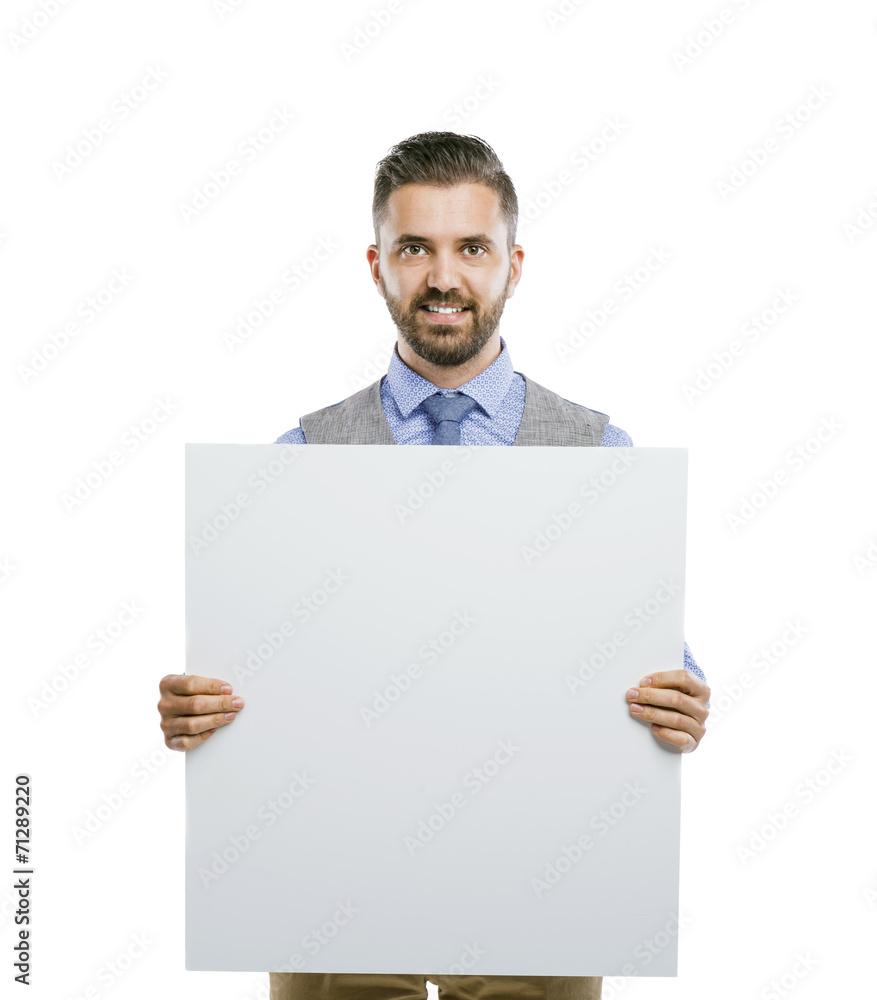 Hipster businessman with blank advertisement Hipster businessman with blank advertisement