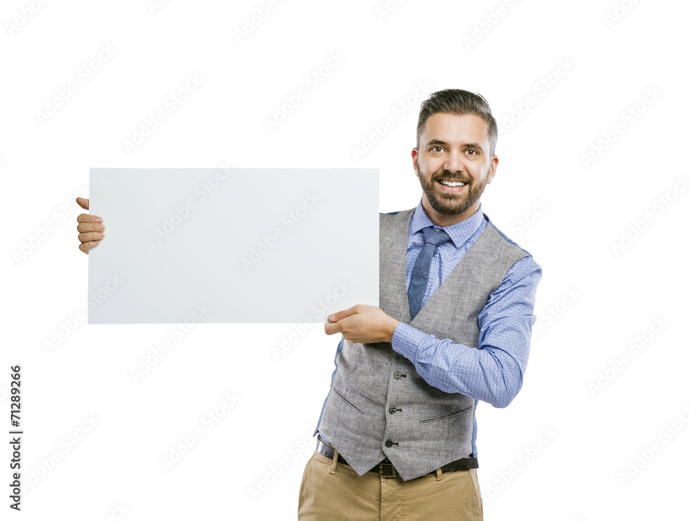 Hipster businessman with blank advertisement Hipster businessman with blank advertisement