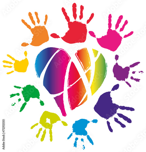 Colored hands around neon heard, vector illustration, isolated