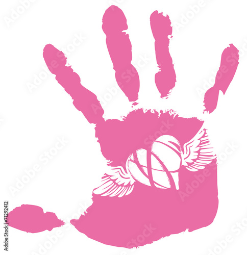 Detail imprint of hand and wings with heart, vector illustration