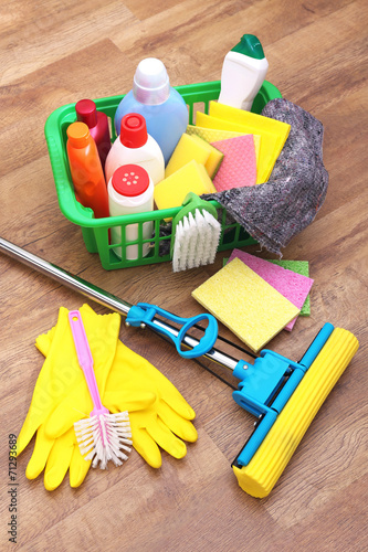 Collection of cleaning products and tools