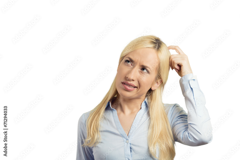 Headshot confused woman scratching her head white background Headshot confused woman scratching her head white background