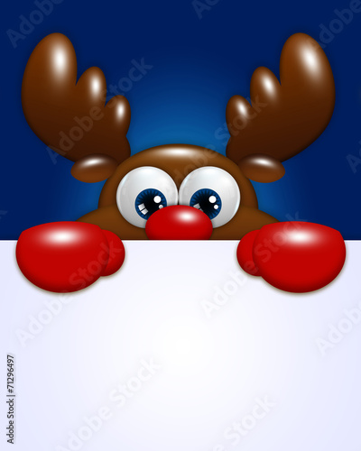 christmas cartoon reindeer over blue background holding blank photo