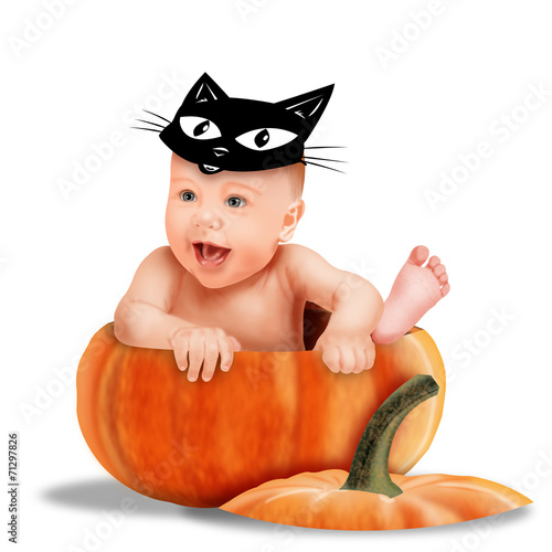 хеллоуин, ребенок с маской кота на голове сидит в тыкве