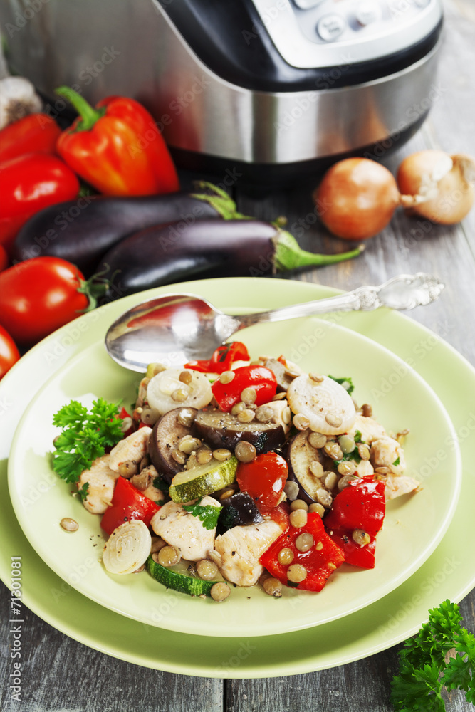 Vegetables, steamed with chicken and green lentils Vegetables, steamed with chicken and green lentils