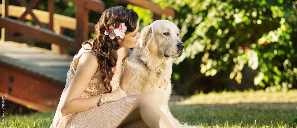 Cheerful woman with her lovely dog Cheerful woman with her lovely dog